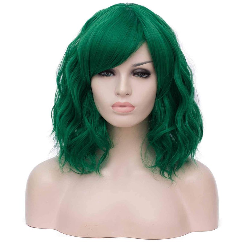 Mildiso Dark Green Wigs for Women Short Curly Wavy Bob Wig with Bangs Cute Synthetic Wig for Daily Party M073 - Image 1